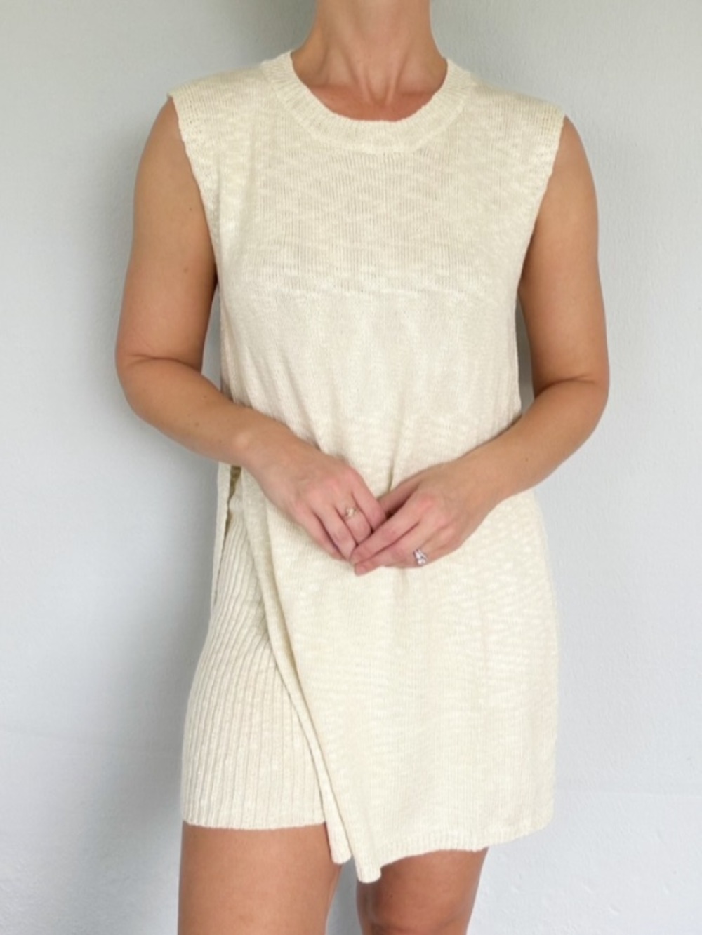 Cream off-white knit matching shorts and cut out sleeveless top set size medium